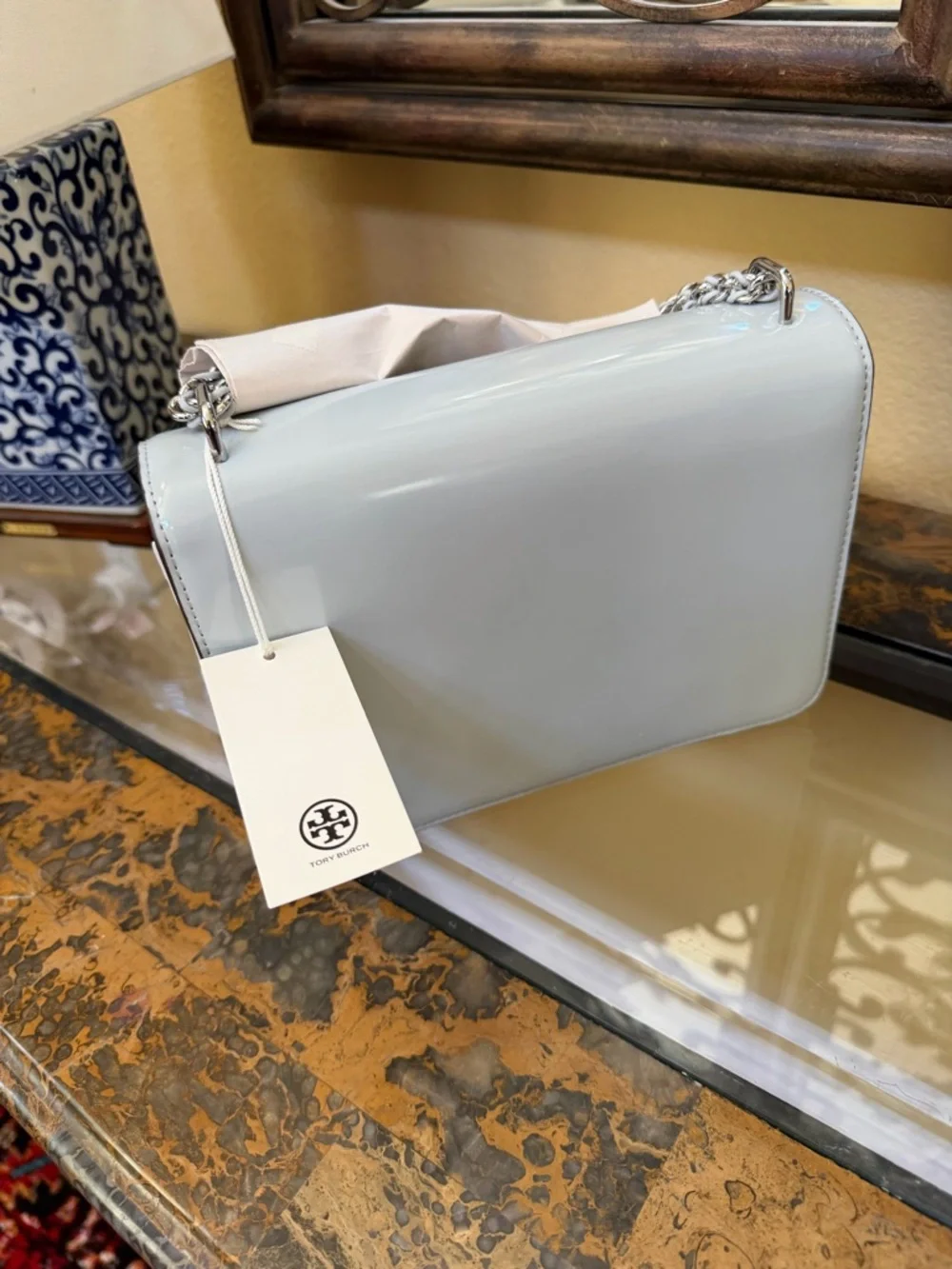 Tory Burch Britten Small Light Blue Glossy Patent Shoulder Bag - Picture 6 of 10
